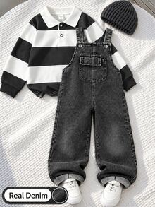 Boys' Solid Color One-Piece Long Pants, Front Pocket Decoration, Simple & Fashionable, Suitable For Spring And Autumn, Perfect For Daily Outings, Adding More Options To Baby's Wardrobe - Black - View 1