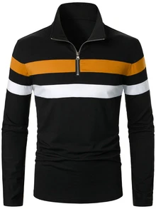 Manfinity Homme 男士拼色四分之一拉鍊領工作休閒 Polo 衫，適合丈夫，秋季長袖上衣 - 彩色 - 查看 3