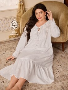 PalaceNights Autumn/Winter French Court Style 100% Pure Cotton Long Sleeve Nightgown For Women, Ruffle Collar Lace Embroidered Plus Size Loose Long House Dress - White - View 5