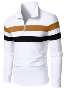 Manfinity Homme 男士拼色四分之一拉鍊領休閒工作 Polo 衫，適合丈夫，秋季長袖上衣 - 彩色 - 查看 4