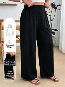 Enliva Plus Size Cotton Blend Elastic Waist Comfort Pants Compatible With Apple Body Round Body - Black - View 1
