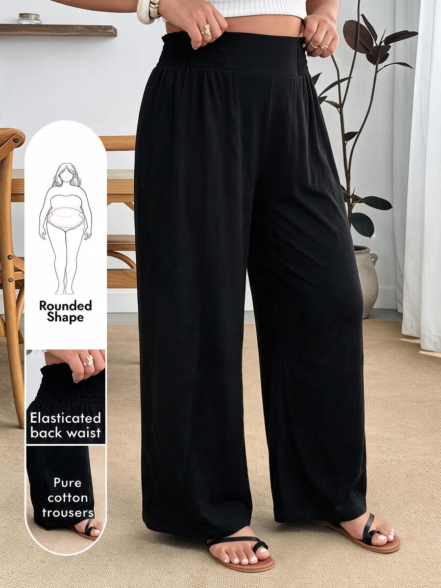 Enliva Plus Size Cotton Blend Elastic Waist Comfort Pants Compatible With Apple Body Round Body - Black - View 1