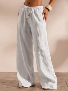 Opulessa Women's Drawstring Waist Casual Daily Wear Cover-Up Pants - White - View 7