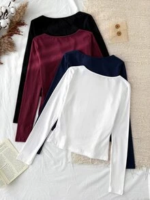 Tseoso 4-Pack Of Women's Solid Color Square Neck Long-Sleeved Casual T-Shirts - Multicolor - View 2