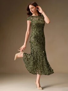 Anewsta Affair 優雅綠色花卉刺繡網紗亮片短袖女款洋裝，適合派對、約會、度假 - 綠色 - 查看 2