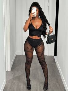 Slaydiva Women's Casual Sexy Leggings, Sheer, Bat Pattern, Halloween Outfit - Black - View 6