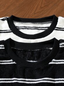 EverLounge Men's Casual Plush Striped Loungewear Top 2-Piece Set - Black and White - View 6