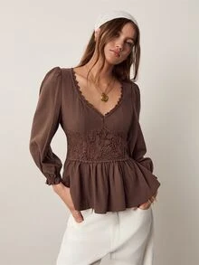 Willow Rêve Blus Wanita Warna Cokelat Tua Kerah V dengan Bordir dan Lengan Kelopak di Bagian Pinggang - Coklat - View 4