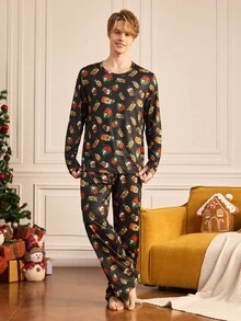 Notgurli Men's Cartoon Pattern Print Top And Pants Loungewear Set - Multicolor - View 3