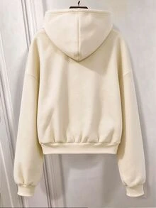 SHEIN 青少年女孩酒紅色拉鍊落肩長袖街頭風寬鬆連帽衛衣外套，保暖內裡，適合秋季瑜伽、度假、派對、演唱會 - 杏色 - 查看 2