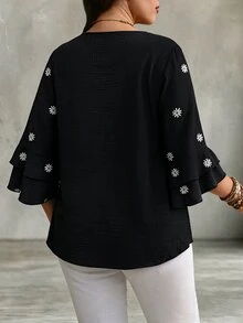EMERY ROSE Plus Size V-Neck Tie-Front Ruched Blouse With Ruffle 3/4 Flare Sleeves, Loose Fit Printed Top For Casual, Light Commute, Light Social, Vacation And Travel - Black - View 2