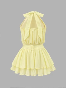 Tween Girl Pale Yellow Halter Tie Waist Dress - Yellow - View 12