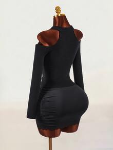 Mistrie Women's Cross Pattern Cold Shoulder Long Sleeve Fashion Slim Fit Sweater - Black and White - View 2