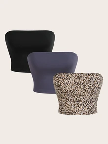 SHEIN EZwear 3-Piece Women's Solid Color And Leopard Print Fashion Strapless Tops - Multicolor - View 11