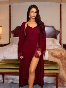 Slumberist Sexy Lace Split Nightgown & Robe Set For Women - Burgundy - View 5