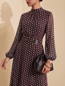 Vesra Women's Polka Dot Round Neck Cinched Waist Metal Decor Long Dress - Coffee Brown - View 7