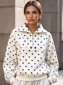 INAWLY Casual Loose Fit High Neck Half-Zip Printed Long Sleeve Sweatshirt - Apricot - View 2