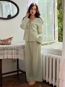 DAZY Women's Long Sleeve Single-Breasted Top And Pants Pajama Set - Green - View 11