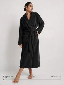Ocili Studio Women's Fashion Minimalist Soft Comfortable Black Half-Fleece Lapel Loungewear Robe - Black - View 2
