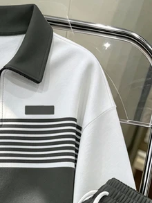 Manfinity Homme Unisex Loose-Fit Quarter-Zip Stand Collar Sweatshirt, Gray And White Striped Color-Block Polyester For Streetwear - Multicolor - View 3