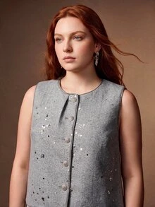 MOTF PREMIUM PLUS SIZE WOMEN'S AUTUMN/WINTER WOOL BLEND EMBROIDERED SEQUIN VEST JACKET - Grey - View 6