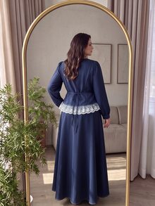 Modelyn Plus Size Navy Blue Lace Patchwork Petal Sleeve Cinched Waist Blouse & Long Skirt Elegant Romantic 2 Pieces Set - Navy Blue - View 2