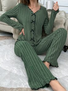 Dream Adore Bộ đồ ngủ nữ len dệt mềm họa tiết phối màu, viền bèo nhún, trang trí nơ, quần áo mùa thu đông - màu xanh lá - Xem 6