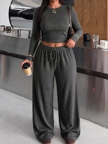 Muchica Plus Size Round Neck Long Sleeve Minimalist T-Shirt And Drawstring Waist Long Pants 2 Pieces Set Fall - Dark Grey - View 1