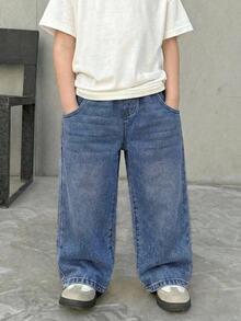 SHEIN Little Byeori 小男孩保暖內裡休閒日常牛仔長褲，附口袋 - 中等水洗藍 - 查看 8