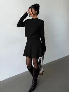 Elenzga 女款寬鬆休閒圓領紋理上衣與百褶裙兩件套 - 黑色 - 查看 6