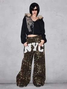 ROMWE 春夏 Y2K 街頭風 NYC 側邊印花 破洞水洗 超低腰 寬鬆直筒迷彩牛仔褲 - 棕色 - 查看 6