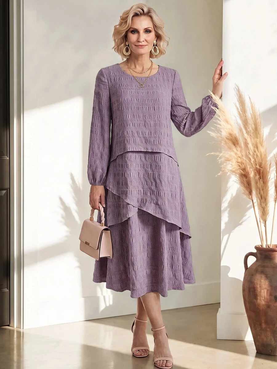 Miaspire Solid Color Round Neck Long Sleeve Casual Dress For Middle-Aged And Elderly Women - Dusty Purple - View 1