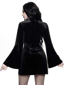 ROMWE Women's Short Cross Mesh A-Line Flare Sleeve Velvet Fabric Gothic Dress - Black - View 4