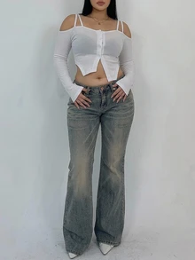 Dazy Plus Vintage Washed Distressed Stretch Slim Fit Flare Denim Long Pants Korean Style - Medium Wash - View 1