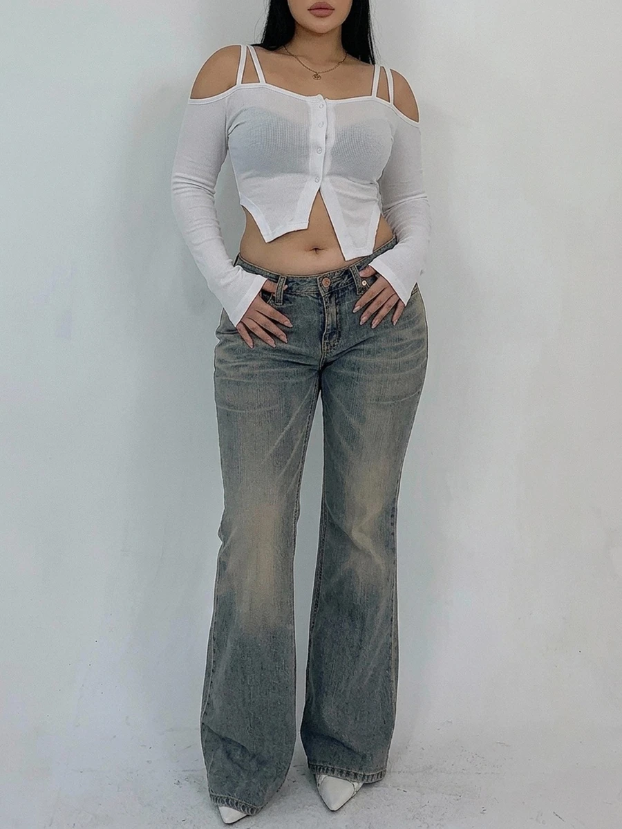Dazy Plus Vintage Washed Distressed Stretch Slim Fit Flare Denim Long Pants Korean Style - Medium Wash - View 1
