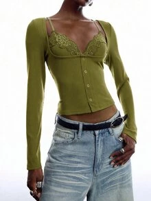 LYSMO Women's Solid Color Contrast Lace Long Sleeve 2 In 1 Sexy T-Shirt Concert Outfit For Women - Green - View 6