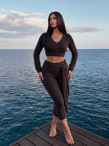 SHEIN Sports Women's Spring/Summer Solid Color Tight Waist Belt 7/10 Length Sports Leggings - Coffee Brown - View 3