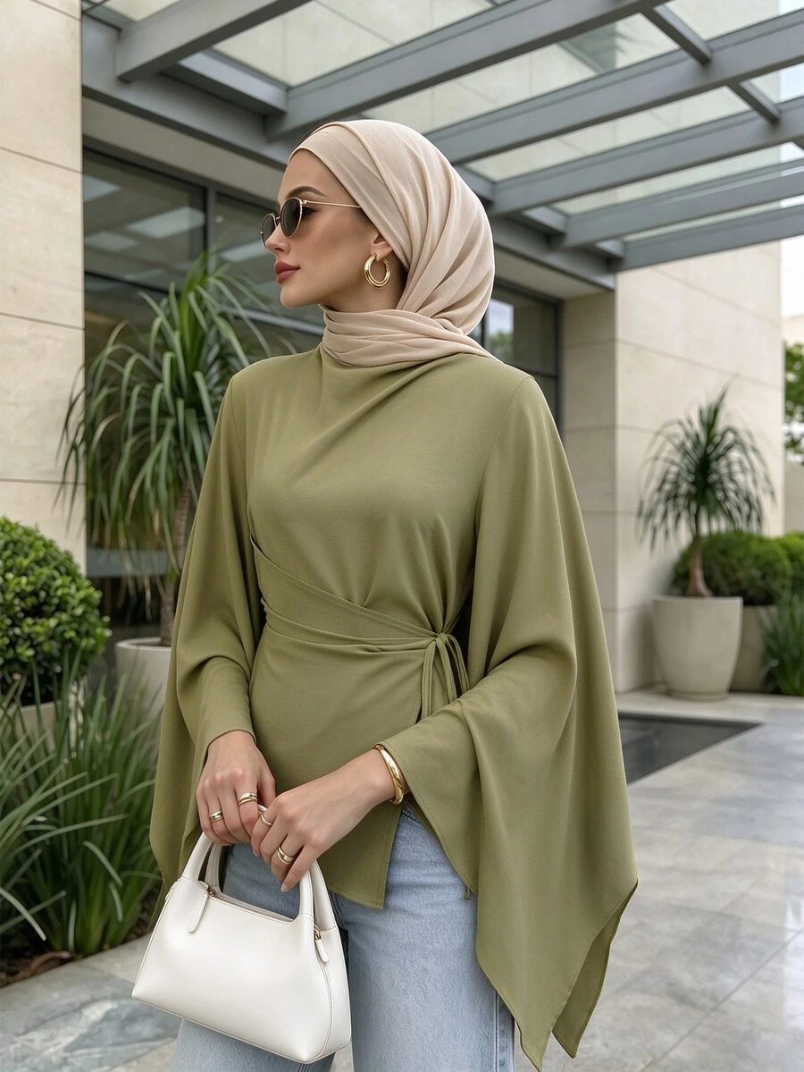 Elenzga Avocado Green Draped Fabric Semi-High Neck Ruched Design Asymmetrical Diagonal Hem Wrap Tie Waist Flared Bell Sleeve Elegant Blouse For Daily Wear And Dating In Early Autumn - Green - View 1
