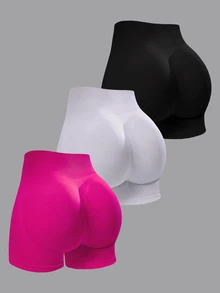 Velisys Velisys 3件組女款緊身短褲，黑色、深棕色、紅色，高彈性舒適無縫針織，適合瑜珈、健身、健行、日常穿著 - 彩色 - 查看 1