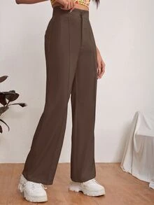 SHEIN PETITE Zipper Solid Dual Pocket Tailored Black Pants In Fall/Winter ,Petite Women - Coffee Brown - View 4
