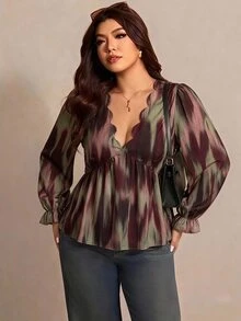 Elaquor 大尺碼女款紮染抽象印花圓弧下擺V領襯衫 - 彩色 - 查看 1