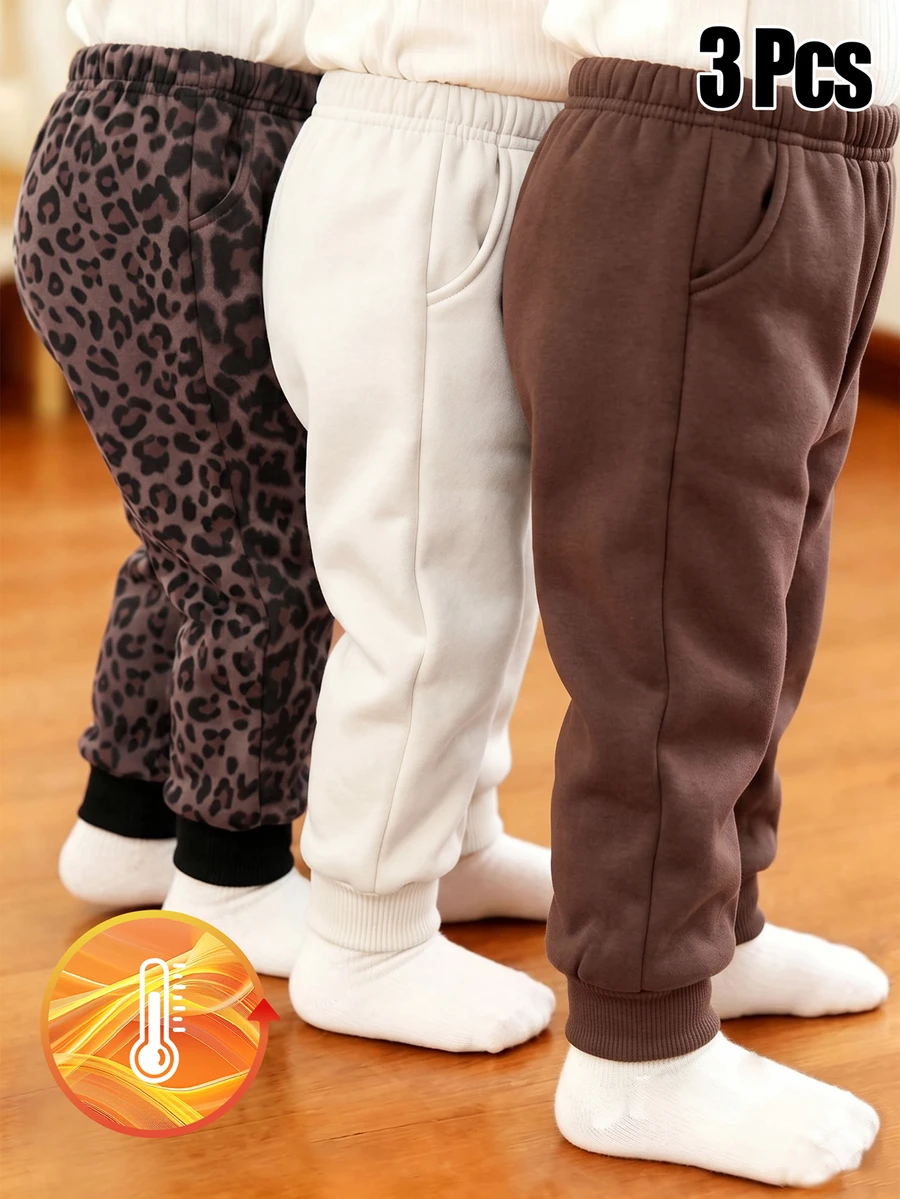 3 Pcs All-Over Leopard Print Casual Comfortable Solid Color Girls Sweatshirt & Pants Set, Thermal Lined Thickened, Suitable For Autumn/Winter Wear. - Multicolor - View 1