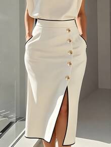 Velvienne Plus Size Women's Colorblock Split Hem Casual Daily Skirt - Apricot - View 1