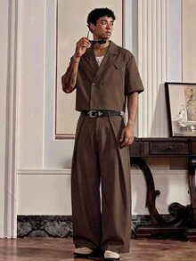 SWAVVY Men's Solid Color Double-Breasted Short Sleeve Shirt And Suit Pants Set - Brown - View 1