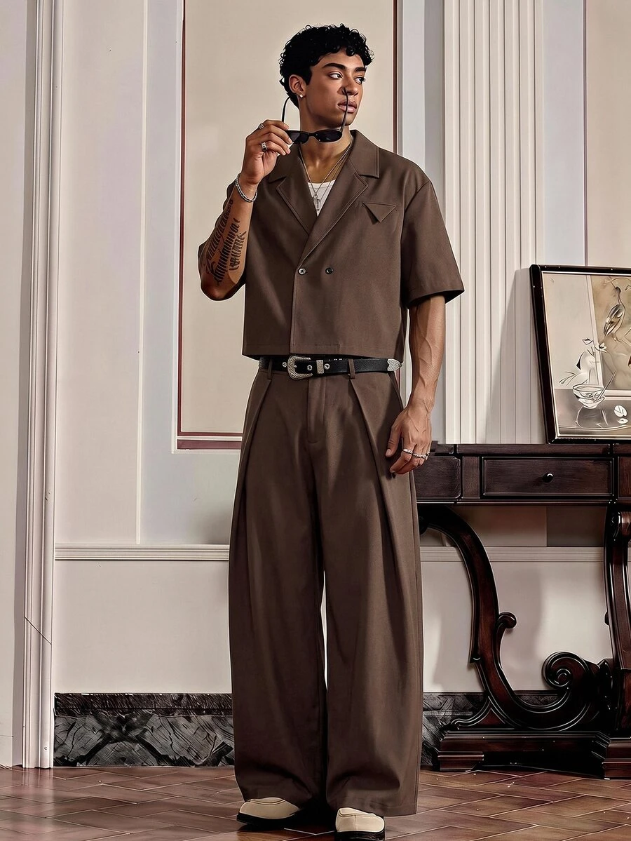 SWAVVY Men's Solid Color Double-Breasted Short Sleeve Shirt And Suit Pants Set - Brown - View 1