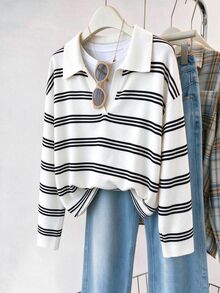 GlowEve CURVE Plus Size Black & White Striped V-Neck Knit Sweater Women Loose Drop Shoulder Long Sleeve Casual Base Layer Top Classic Retro Versatile Pullover Fall - Multicolor - View 3
