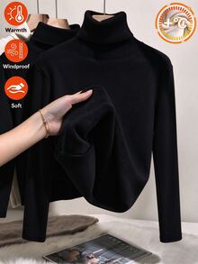 SHEIN Tween Girls Autumn/Winter Thick Warm Casual Basic Daily Wear School Layering High Neck Ribbed Fleece Fabric Solid Color Long School Off-White - Black - View 3