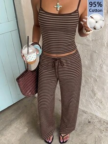 Aloruh Women's Casual Comfortable 95% Cotton Home Camisole & Long Pants Set, Brown Striped - Multicolor - View 6
