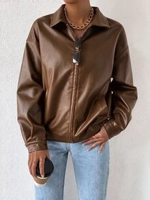 SHEIN EZwear Drop Shoulder Zip Up PU Cropped Leather Jacket In Fall/Winter - Brown - View 6