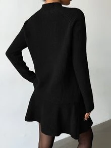 Elenzga 女款寬鬆休閒圓領紋理上衣與百褶裙兩件套 - 黑色 - 查看 2